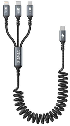 GIANAC 100 W USB C till multikabel [50 cm] 3-i-1 spiralkabel stretchig universell snabbladdningskabel USB C[100 W] Micro [10 W] Lightning [27 W] för Galaxy S23/22, iPad Pro, MacBook Pro/Air, iPhone 15