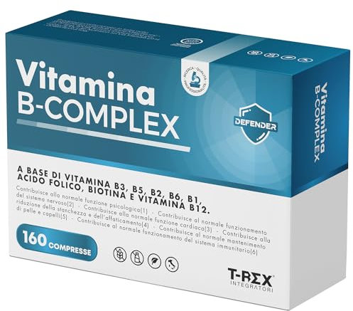 T-Rex Integratori, Vitamina B Complex 160 Compresse Vegan (5 Mesi di Fornitura) - Alto Dosaggio di Vitamina B12, Acido Folico, Biotina, Niacinamide - Difese Immunitarie Per Uomo, Donna e Ragazzi