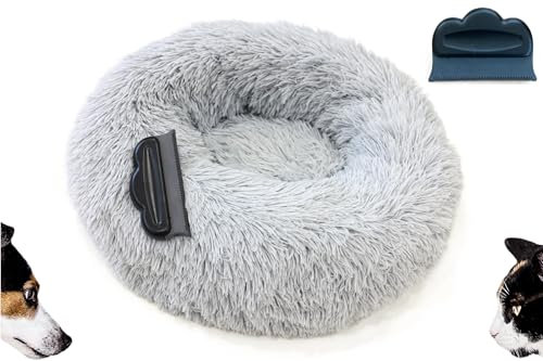 Borcelle Natural Hundebett rund INKL. Bürste, Katzenbett flauschig, Ø 50cm, katzenkörbchen für Hundebett Donut, katzenkissen waschbar, Langer Plüsch (Hell grau)