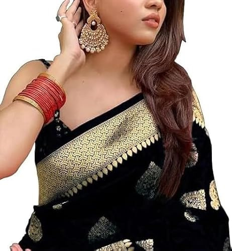 Accessorize Kingdom Fashion Women's Kanjivaram Soft Pure Silk Banarasi Sarees With Blouse Piece (Black)