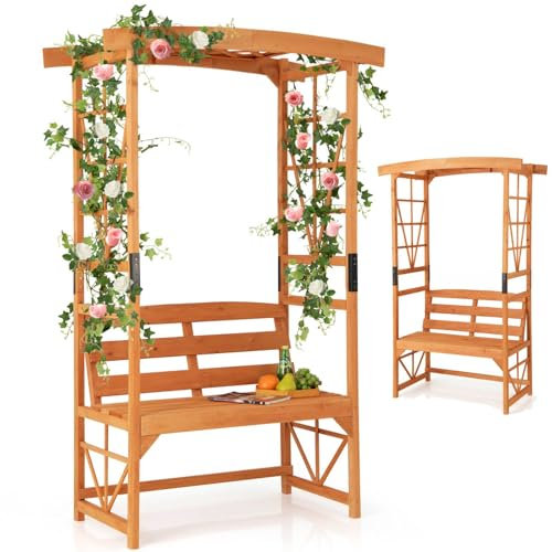 TANGZON Garden Arch with 2-Seat Bench, Wooden Lawn Patio Trellis Pergola, Outdoor Rose Vines Climbing Support Garden Arbor Archway for Wedding Party (120 x 58 x 189 cm, Orange, 300kg)