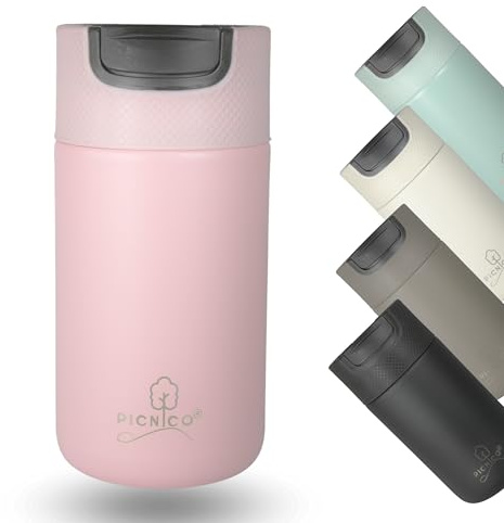 Picnico® - Kaffeebecher to go 400ml aus Edelstahl mit Drehverschluss Rosa (auslaufsicher, isoliert) - Thermobecher für Kaffee & Tee hält 4h warm - Thermo-Flasche & Coffee-Becher mit Deckel