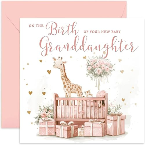 Birth of Granddaughter Greeting Card for New Grandparents - Pink Baby Girl Nursery Design - Keepsake Gifts for Birth - Congratulations, Celebrations Traditional Design - Blank Inside with Envelope
