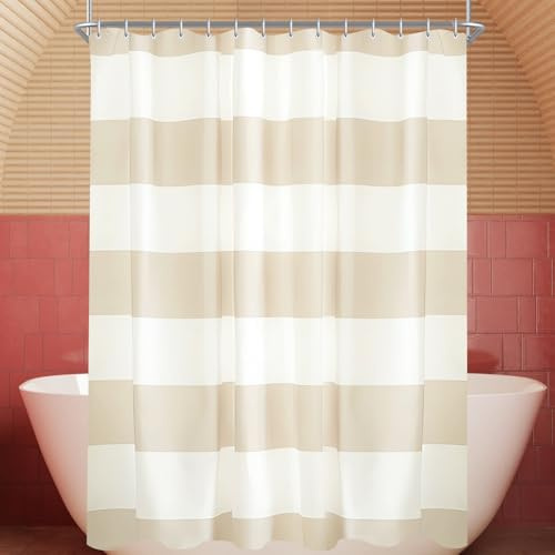 Lerores Duschvorhang 90x180 cm Beige Streifen, Beschwerter Saum Antischimmel Textil, Wasserabweisend, Waschbar Polyester Badevorhänge mit Ösen und 8 Duschvorhangringe für Badezimmer, Badewanne