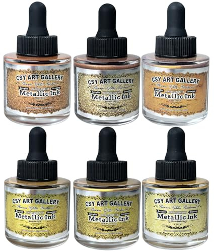 CSY art gallery Metallic Acrylic Paint Ink-Water Resistant Drawing Inks Set-24K Gold Alcohol Ink-Mica Paint for Resin, Rock,Markers Refill,Wood,Crafts (Fallen Leaves Starlight Set)