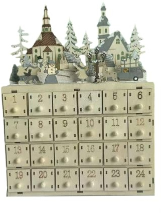 Calendario de Adviento de madera iluminada con cuenta regresiva de 24 cajones para decoración navideña, accesorios de adorno de escritorio hechos a mano, luces que funcionan con pilas