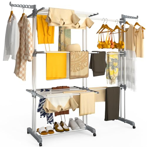 vounot® Étendoir à Linge Extensible à 4 Niveaux 190x64x170cm Séchoir Vertical Pliable Grande Capacité avec roulettes Ailes latérales Multifonction pour Intérieur et Extérieur Gris Blanc