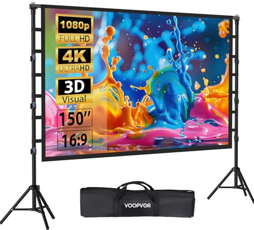 VOOPVOR Schermo per proiettore da esterno con treppiede da 150 pollici: schermo portatile 16:9 4K HD, schermo cinematografico per interni/esterni, con borsa per il trasporto e supporto regolabile in