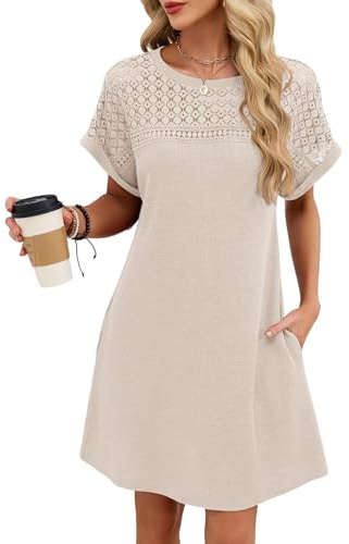 nnOuOnn Mini robe t-shirt décontractée d'été ample en dentelle gaufrée à manches courtes et col rond avec poches pour femme