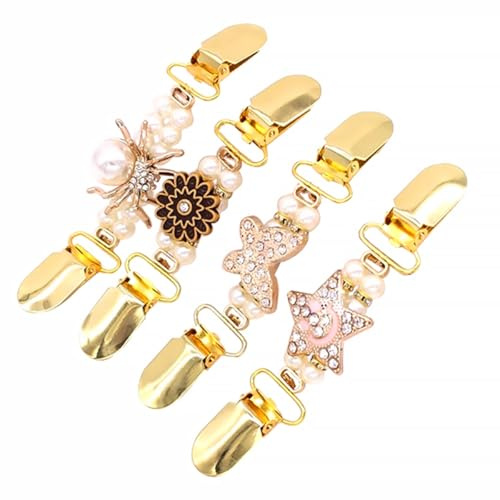 Lurrose Pinzas para Cárdigan Mujer 4 Piezas de Metal y Abs Diseño de Perlas, Clip de Pato para Suéter y Chal, Accesorio Decorativo y Funcional para Ropa Otoño-invierno Varios estilos