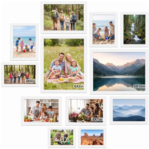 12 PCS Photo Frame Set, Collage Gallery Photo Frame Multi Sizes Including 4x6 5x7 6x8 8x10 for Wall and Tabletop Display, Wooden Picture Frame Set for Home Office Living Room Décor (White)