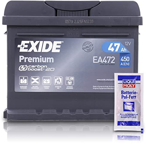 EXIDE EA472 Premium Carbon Boost Autobatterie 12V 47Ah 450A Starterbatterie PKW KFZ Batterie - Ersetzt 40Ah 41Ah 42Ah 44 + 1x Batteriepolfett