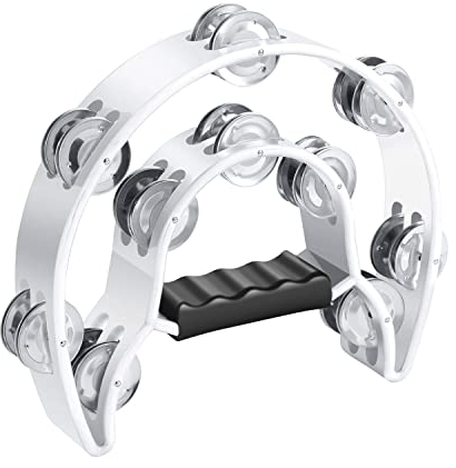 Flexzion Tamburin, Handtrommel - 25cm Schellenkranz mit Handgriff, Musik Schlaginstrument, zweireihig Schellenring in Halbmond-Form Rahmen, mit 20 Paar Metall Schellen, für KTV & Party, Weiß