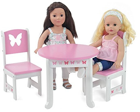 Emily Rose 18 Inch Doll Dining Table and 2 Chairs Set - Pink Butterfly Collection - Compatible with American Girl, Our Generation, My Life As & Adora - Wooden Dollhouse Furniture