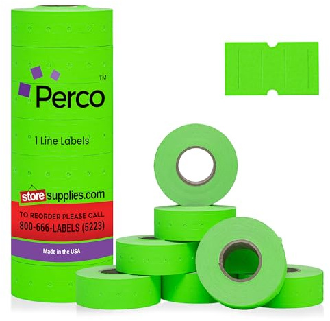Perco 1 Line Fluorescent Green Labels - 8 Rolls, 1 Sleeve, 8,000 Blank Price and Date Gun Labels for Perco Lite, X, Plus and Pro 1 Line Price and Date Guns - Made in USA