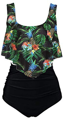 Aidotop Swimsuit for Women Top Ruffled High Waist Swimwear Two Pieces Bathing Suits Bikini Sets(10black Pineapple,UK 18-20(XL))