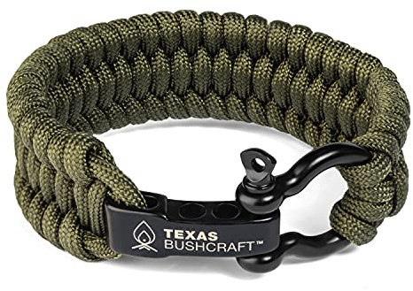 Texas Bushcraft Firecraft Cord Survival Bracelet – Paracord Bracelet with Bow Shackle for Camping and Emergency – 3 Extra Strands Include Wax Thread, Tinder, and Fishing Line (Army Green, M)