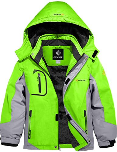 GEMYSE Veste de Ski pour Garçon Enfant Manteau Hiver Chaud Imperméable Coupe-Vent Blouson avec Capuche et Polaire(Vert Fluo Gris Clair,116-122)