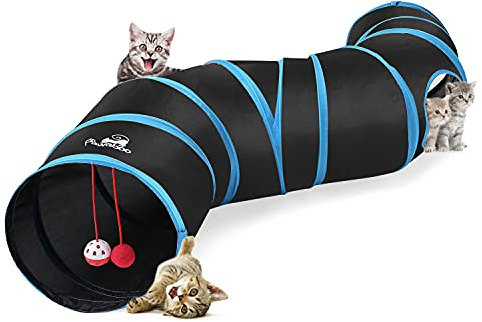 Pawaboo Katzenspielzeug, S Förmiger Katzentunne mit Ball und Glocken Faltbar Rascheltunnel Katze Katzentunnel für Hunde Welpeln Kaninchen und Kleintiere Haustier, Schwarz und Himmelblau