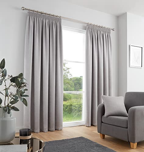 Fusion - Galaxy - Pair of Dim-out Pencil Pleat Curtains - 90 Width x 90 Drop (229 x 229cm) in Silver