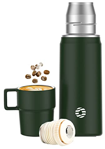 Healter Thermoskanne mit Becher 850ml Thermosflasche Kaffee Auslaufsicher Thermobecher Getränke 12h Warm/24h Kalt BPA-Frei Edelstahl Isolierflasche für Outdoor Camping(Grün)