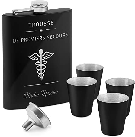 Maverton Flasque personnalisée de 200 ml pour lui - Portable Flasque pour voyageur - Set avec 4 verres à shot - Idee Cadeau Homme - Cadeau Anniversaire Homme - Pour ami - Secours