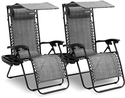 SereneLife Silla reclinable de Jardin, Set de 2, Tumbona, Almohada Desmontable, Bandeja Desmontable para portavasos, Exterior, Patio, Jardin