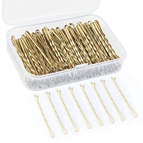 OWill Horquillas pelo mujer 150 unidades doradas, horquillas pelo onduladas de metal 5 cm, horquillas moño y recogidos, clips pelo con caja portátil 9×6×2 cm