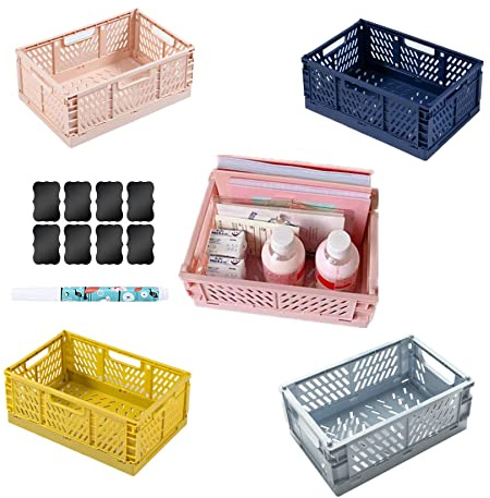 4 cajas plegables de plástico pequeñas (22x15x9 cm), cestas plegables de plástico, organizador apilable para cesta de almacenamiento plegable, cocina, estudio