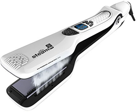 Professional Steam Hair Straightener - Electric Titanium Ceramic Flat Iron with Anti-Static Technology, Digital Controls for All Hair Types (White)