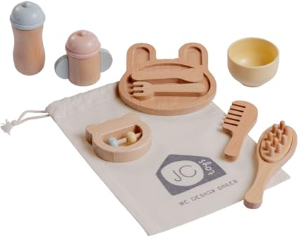 JC Toys - Erstpflegeset, 10-teilig, Holz-Set, Hygiene- und Fütterungszubehör für Kinder, Simulationsspiele, inkl. Aufbewahrungstasche, ideal zum Verschenken, ab 3 Jahren