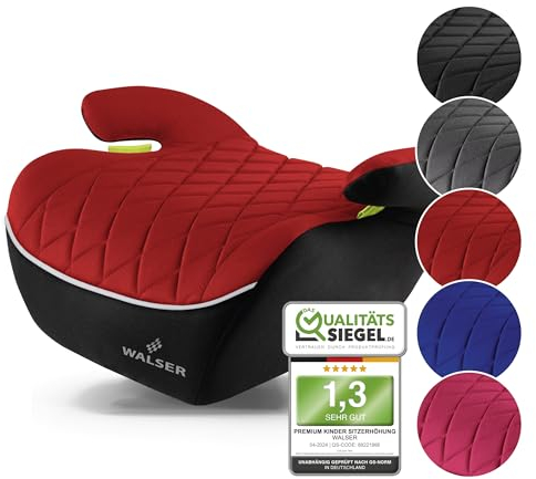 WALSER Premium Kinder Sitzerhöhung Auto, Qualitätssieger Sehr Gut* Kindersitz Auto 125-150 cm, Kindersitzerhöhung Auto Andy neueste Norm 2024 ECE R 129, Sitzerhöhung Auto Kindersitz schmal schwarz/rot