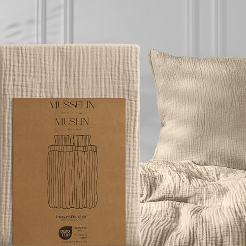 Hausfelder Musselin Kopfkissenbezug 80x80 Beige, atmungsaktive Baumwolle Kissenbezug 80 x 80 cm, Oeko-TEX Zertifiziert, waschbar Kissenhülle für Kissen, superweich Musselin Bezug