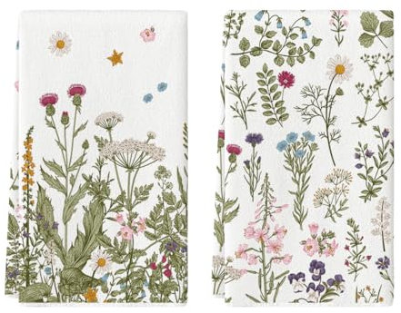 Artoid Mode Paños de cocina de primavera con hierbas antiguas, flores silvestres, 42 x 65 cm, decoración estacional de verano, toallas de poliéster, juego de 2 unidades