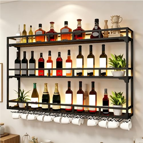 Metallvägg Vinställ Bar Hyllor med LED-ljus Spritflaska Display Hylla Väggmonterad med vinglashållare för spritflaskor 3-vånings Stor kapacitet för Hemmabar Matsal(Black,150cm(59.05in))