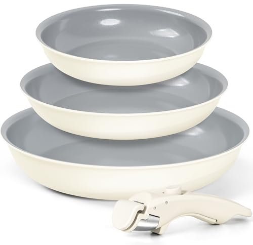 MICHELANGELO Nonstick Ceramic Frying Pan Set with Removable Handle, 20cm,24cm and 28cm Frying Pans, Non Toxic Pans for Cooking, PFOA Free, Oven Safe, Grey&White