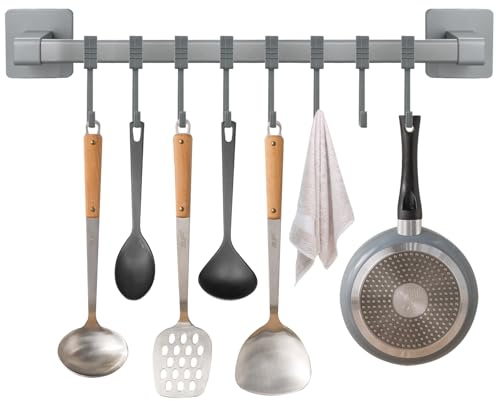 Ziyonix Soporte de Utensilios Cocina con 8 Ganchos de Móviles, Soporte Utensilios Cocina Autoadhesiva 40 cm Barra Colgador Utensilios Cocina para Cocina Baño Dormitorio (Gris)