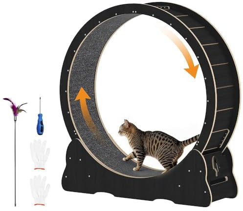 UNIONLINE 43.3 Inch Cat Exercise Wheel Large 110cm, Indoor Cats Treadmill with Detachable Carpeted Runway, Running Wheels for Pet,Black