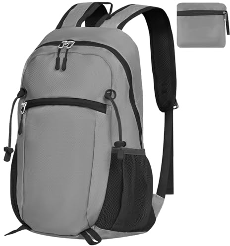 mokzer Ultraleichter Faltbarer Wanderrucksack 18L - Wasserdichter Rucksack Daypack mit Atmungsaktivem Rücken für Damen & Herren - Ideal für Wandern, Reisen, Radfahren, Klettern und Camping，Grau