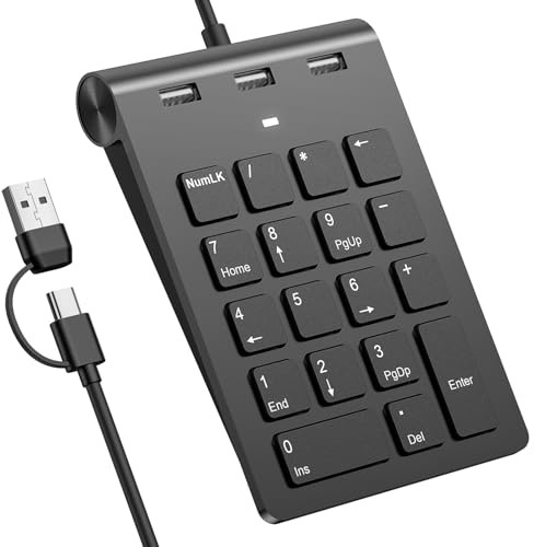 Rytaki Pro 2-in-1 Number Pad & USB Hub with USB-C and USB-A Cables, 15° Ergonomic Wired Numpad with 3 USB 2.0 Ports, Number Pad for Laptop/iPad/MacBook/PC, Plug & Play Numeric Keypad for Laptop