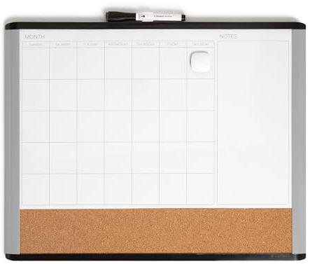 U Brands Mod Tableau effaçable à sec 3 en 1 Calendrier magnétique, 50,8 x 40,6 cm, cadre noir et gris