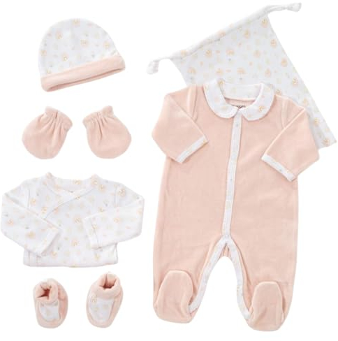 Kit Naissance bébé - 6 Pièces (Pyjama, Body, Bonnet, Moufles, Chaussons et Pochon de Rangement) Cadeau Bébé Fille - Certifié OKEO-TEX - Motif Arc en Ciel - Rose