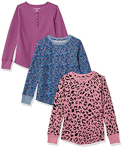 Amazon Essentials T-shirt thermique en maille à manches longues Fille, Lot de 3, Violet/Animal, 8 ans