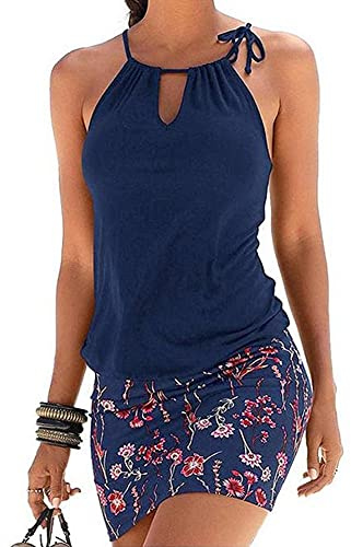 TBSCWYF Mujer Bañador con Falda Traje de Baño de Una Pieza de Talla Grande Push Up Vestido de Playa Corto Halter Estampado de Flores Bohemia Sin Mangas Casual