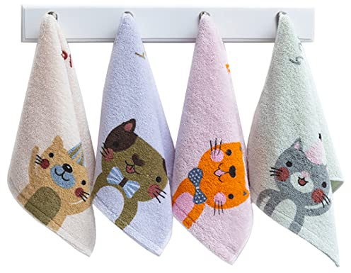Kissvian 4-Pack Cartoon Cat Hand Bath Towel Set, Fingertip Bath Towels for Home, Pure Cotton Kids Washcloths, Soft Close Skin, Size 10 x 20