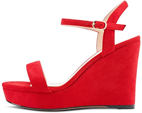 NobleOnly Femmes Haut High Talon Heel Compensé Plate-forme Lanières Cheville Sandales Slingback Ouvert Bout Sexy Cute Party 10 CM Heels Rouge Suède 45 EU
