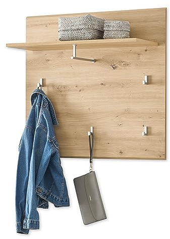 Stella Trading NOLA Garderobenpaneel in Artisan Eiche Optik - Moderne Hutablage mit zuverlässigen Wandhaken für Jacken & Taschen - 80 x 75 x 28 cm (B/H/T)