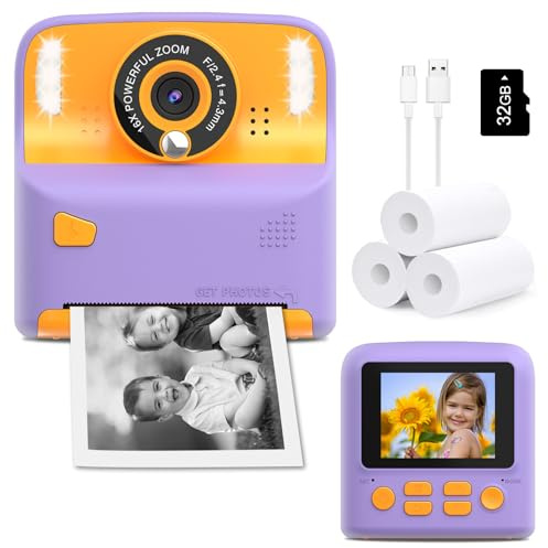 Omedelbar utskriftskamera för barn, jul födelsedagspresent för 3-12 år gamla flickor pojkar, barn digitalkamera tryck svart och vitt foto för småbarnsleksaker, 2,4 tums skärm med 32 GB kort (lila)