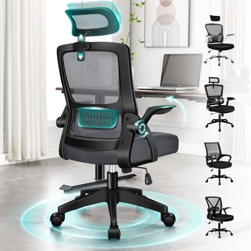 ELFORDSON Ergonomic Office Chair with Flip-up Armrest Footrest for Home Office, Computer Mesh Desk Chair with Headrest Lumbar Support Swivel Work Chairs, Dark Grey