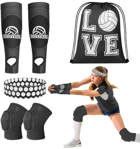 Gosodeny 6 Pcs Volleyball Knee Pad and Arm Sleeve Volleyball Accessories Protection Equipment Stuff Forearm Elbow Sleeve Wrist Guard with Protection Pad and Thumb Hole for Women Men Training